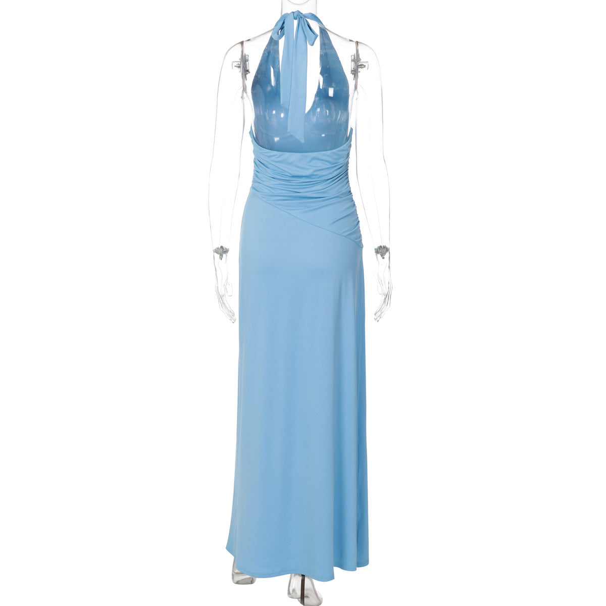 Women Clothing Sexy V neck Solid Color Sleeveless Halter Lace-up Backless Pleated Waist Tight Slimming Slit Dress