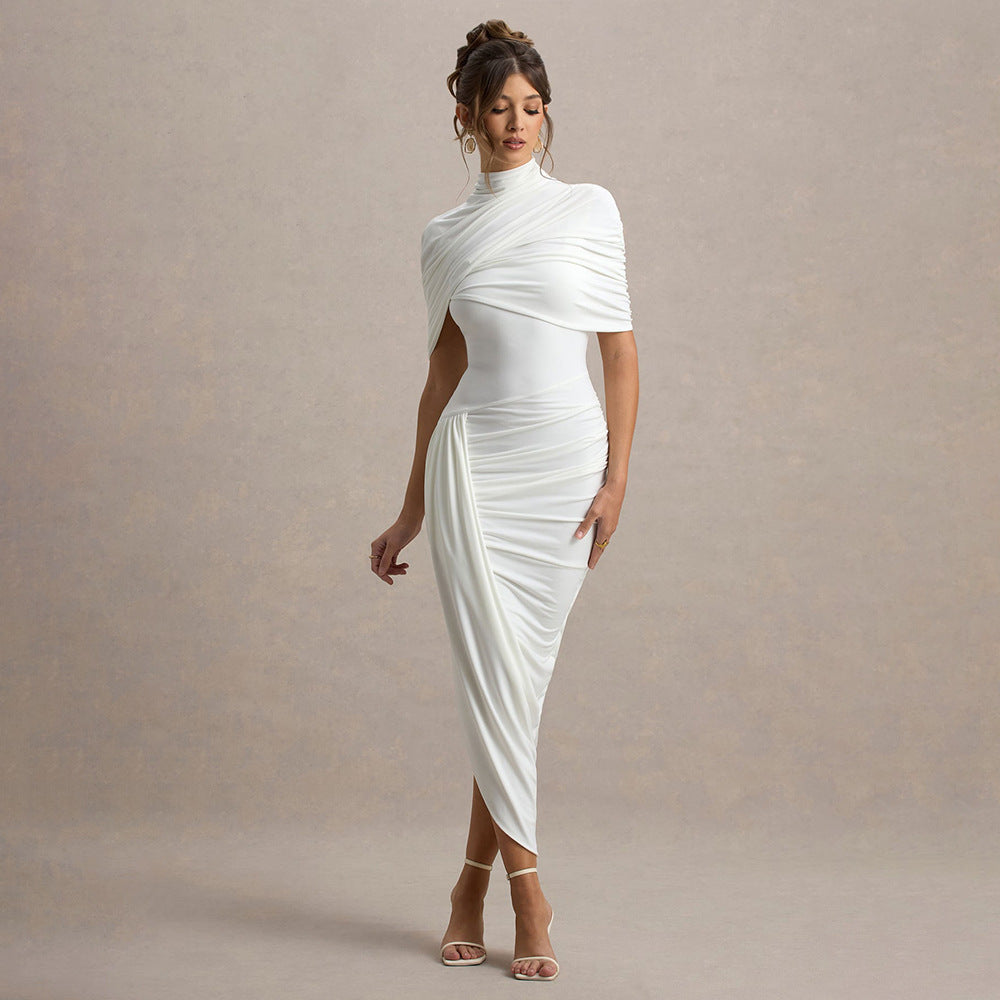 Elegant Slim Pleated Dress Sexy Backless Sheath Women Dress