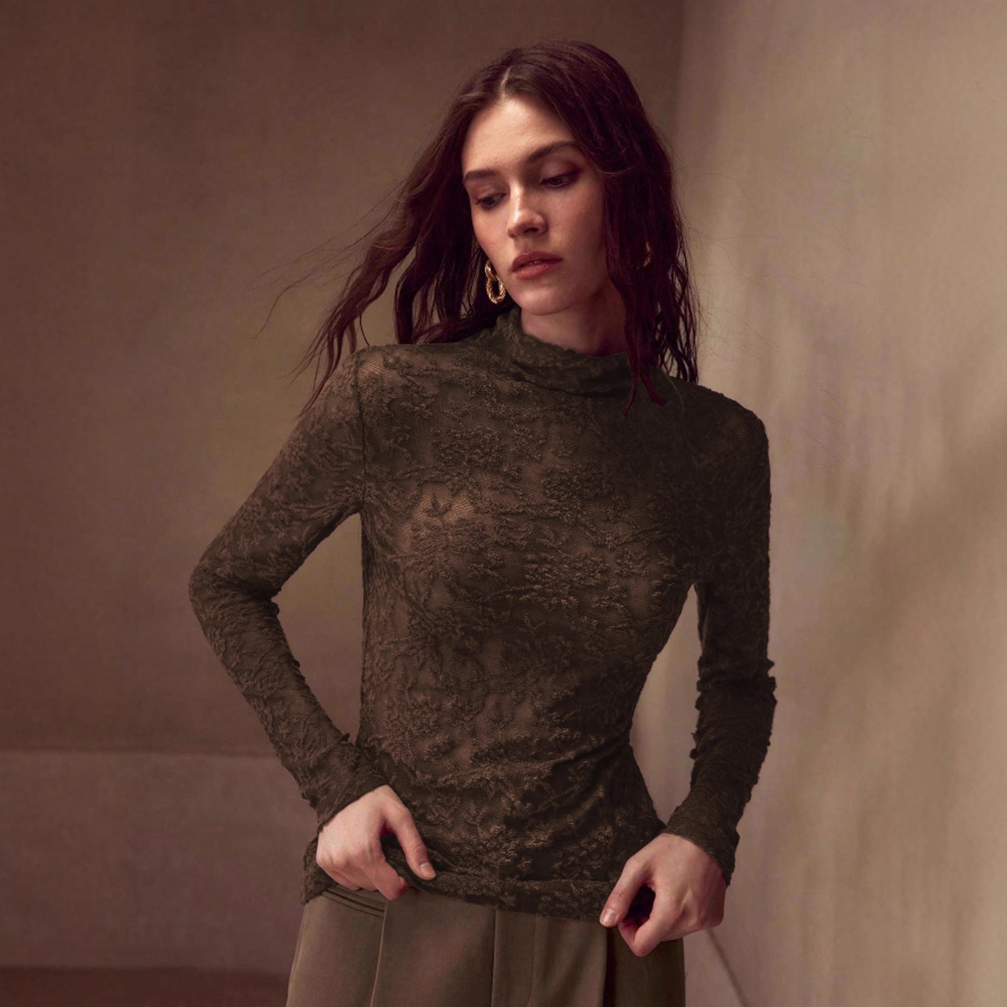 Women Clothes Bottoming Shirt Autumn Winter Fleece Lined Keep Warm Inner Match Half Turtleneck Stitching Mesh Top