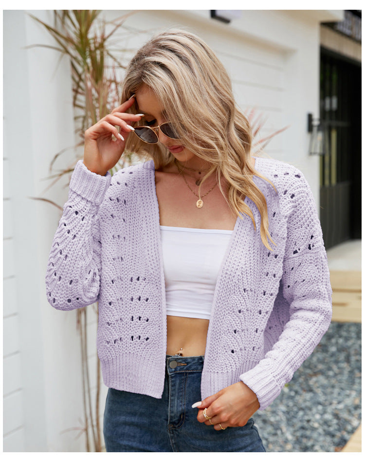 Short Autumn Winter Top Long Sleeves Outer Match Knitwear Wild Solid Color Hollow Out Cutout out Sweater Cardigan