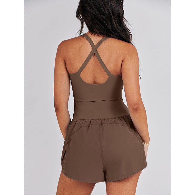 Summer Women Hollow Out Cutout Sling Slim High Waist U Collar Exercise Yoga Clothes