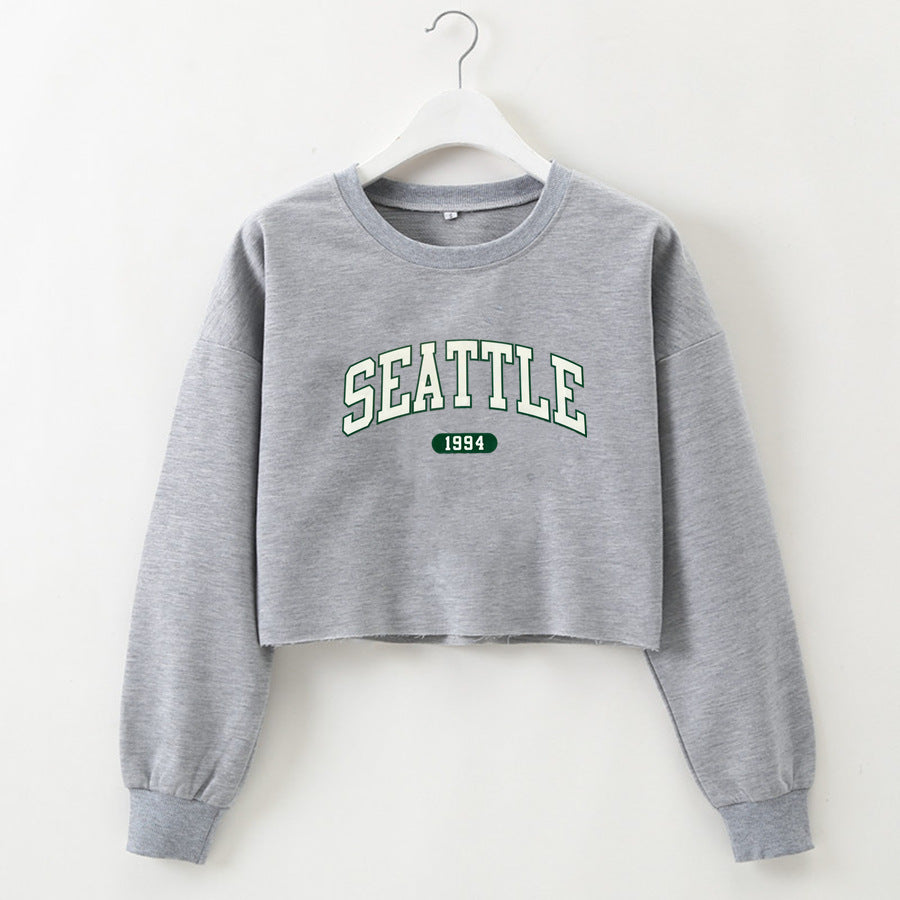 Women Clothing Autumn Winter Seattle Letter Graphic Printing Short Loose Long Sleeves Sweatshirt