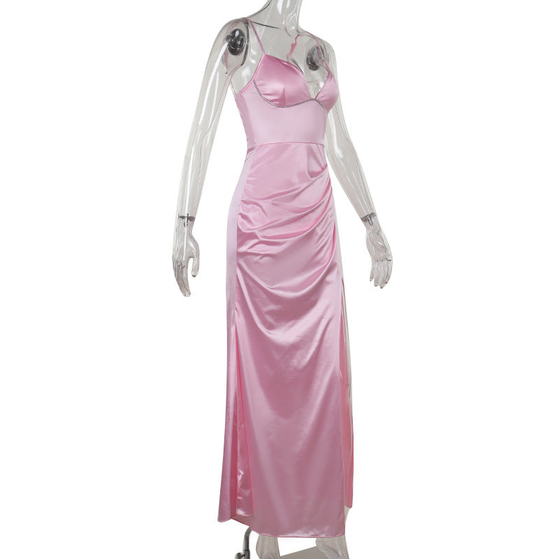 Autumn Slit Elegant Sexy Slim Drill Chain Strap Dress for Women