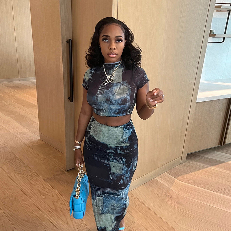 Summer Women Stand Collar Cropped T shirt High Waist Hip Skirt Bottoming Casual Two Piece Sets