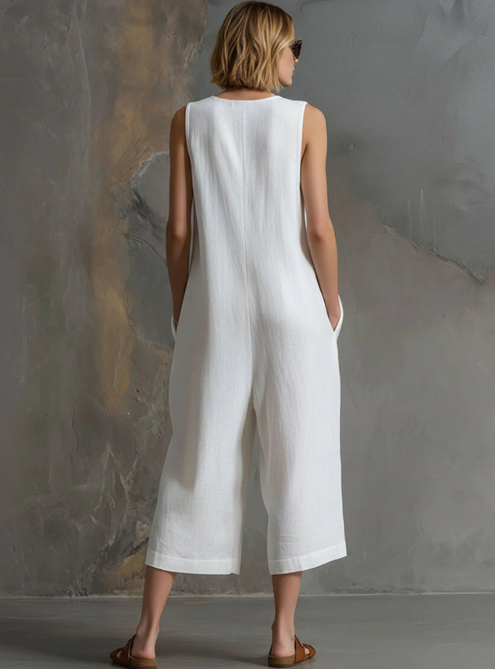 Spring Summer Casual Retro Sleeveless White Cotton Linen Wide Leg Cropped One Piece