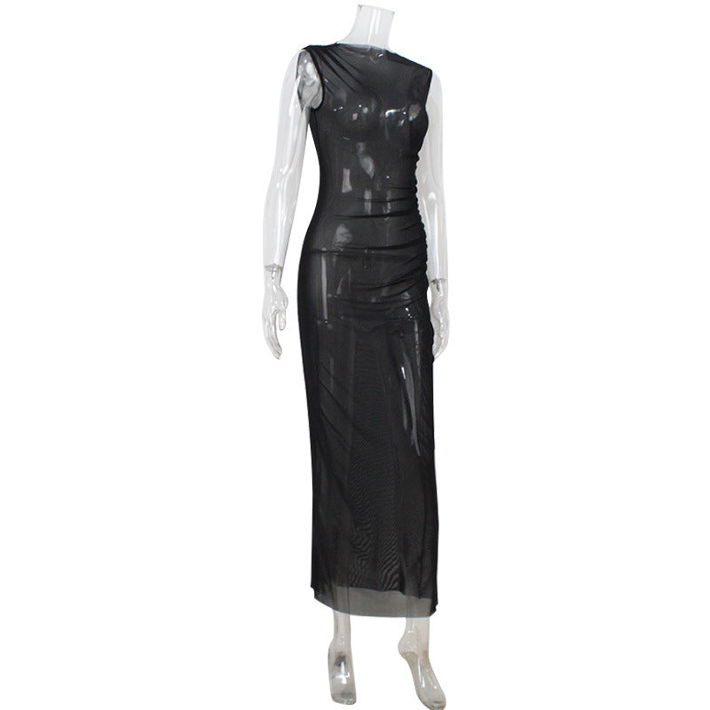 Elegant Women Clothing Mesh See through Sleeveless Slim Fit Sexy Dress Overskirt Long Blouse for Women