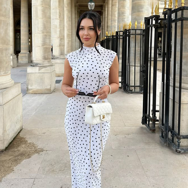 Women Clothing French Classical Cheongsam Slim round Neck Sleeveless Slimming Polka Dot Print Dress Women
