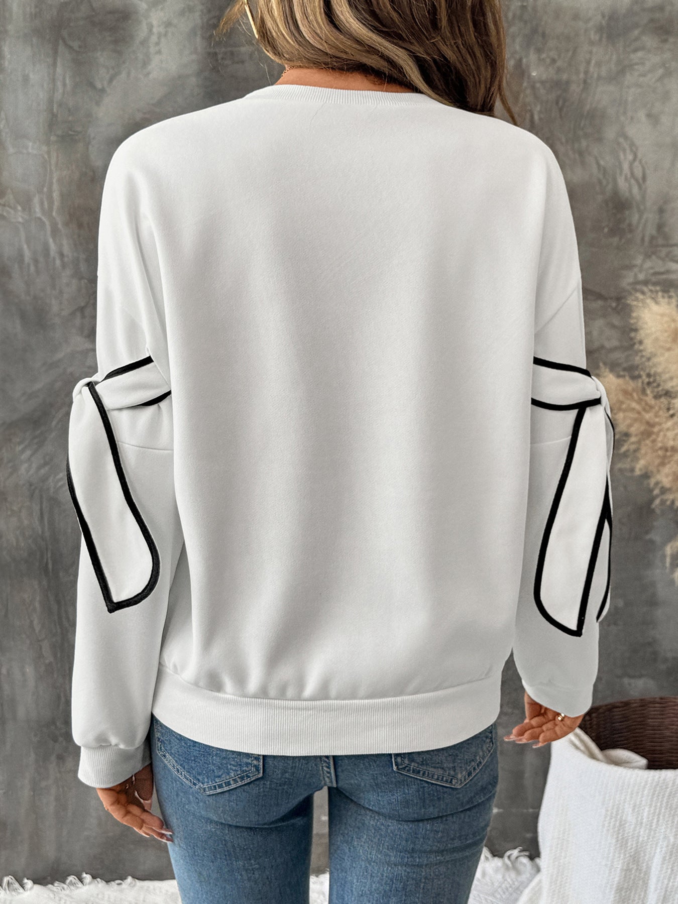 Autumn Contrast Color Three Dimensional Bow round Neck Long Sleeve Pullover Hoodie Women