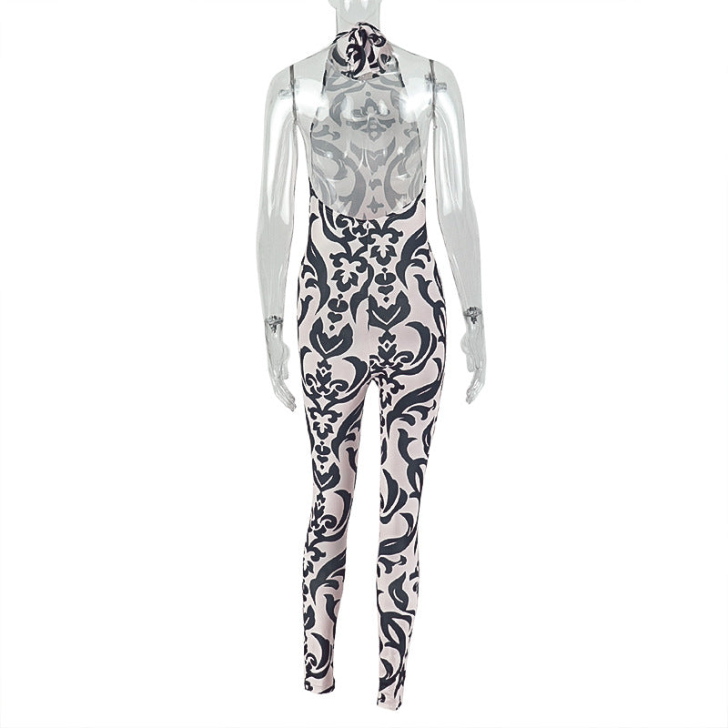 Women Striped Jumpsuit Sexy Halter Turtleneck Backless Print Long Jumpsuit