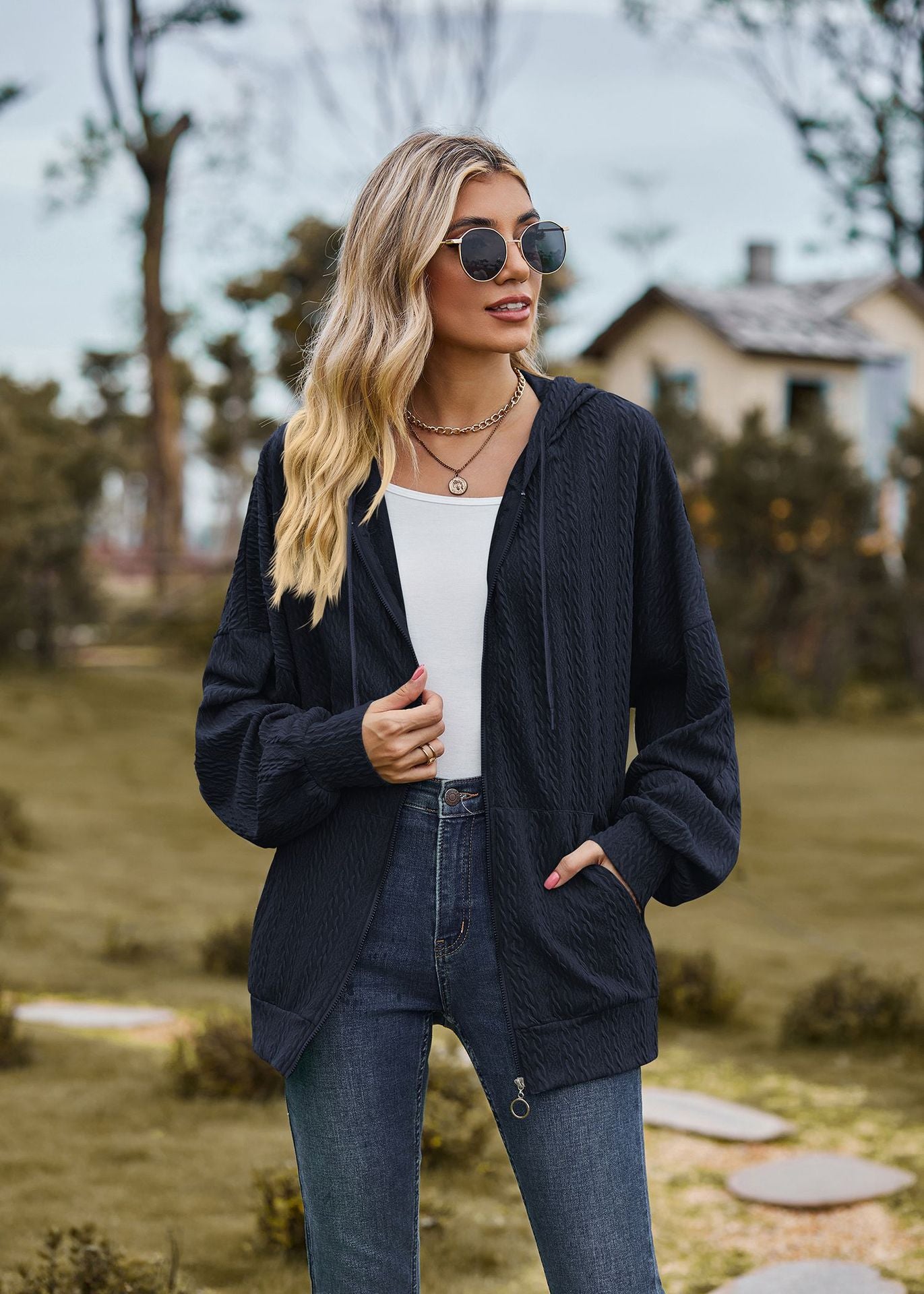 Autumn Winter Solid Color Pocket Long Sleeve Loose Hooded Sweatshirt Women Coat