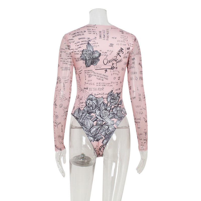 Autumn Women Clothing round Neck Long Sleeve Sexy Mesh Floral Print Jumpsuit Slim Fit Sexy Thin Top