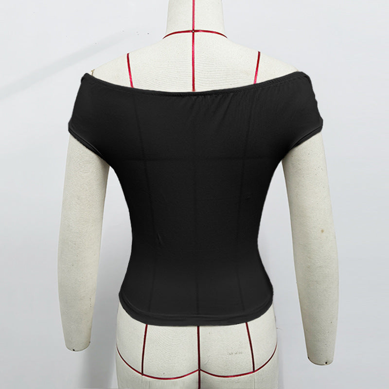 Women Clothing Spring Summer off Shoulder Wrinkle Front Chest Top Sexy off Shoulder Pure Sexy Vest Women
