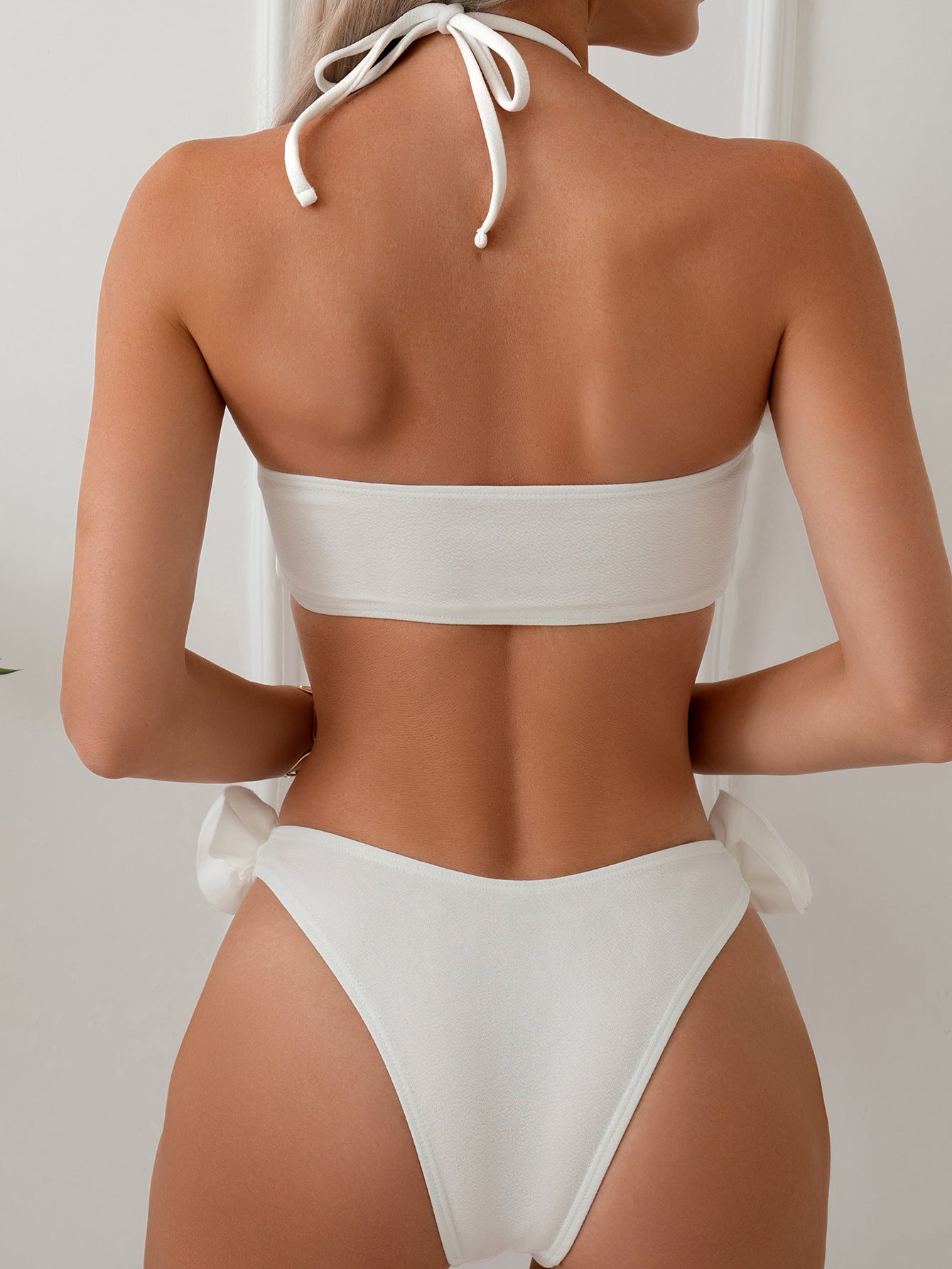 Women Split Swimsuit Three Dimensional Floral Halter Lace up Sexy Swimsuit Bikini