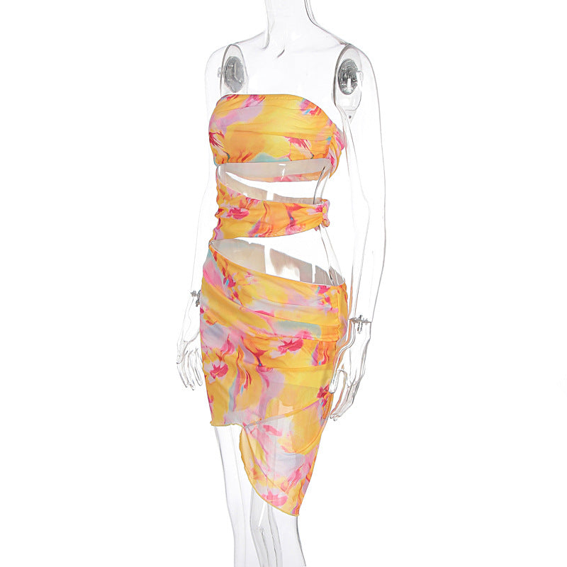 Women Clothing Summer Printed Sexy Beach Holiday off Shoulder Tube Top Package Hip Dress