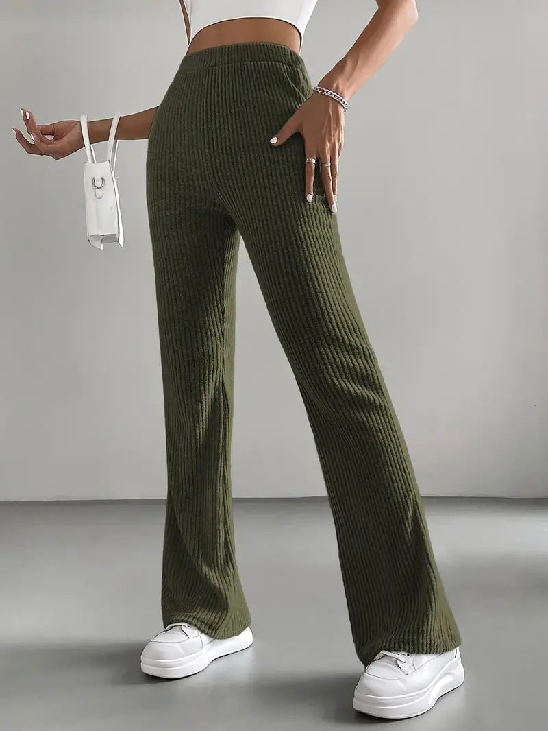 Bell Bottom Pants Women Autumn Solid Color Casual Pants Rib Knitted Fashionable All Match Slim Fit Women Pants