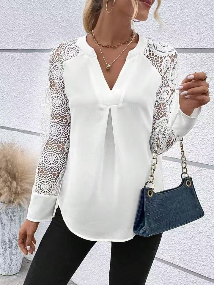 Stitching Embroidery Lace Sleeve Long Sleeve V neck Women Spring Summer Shirt Top