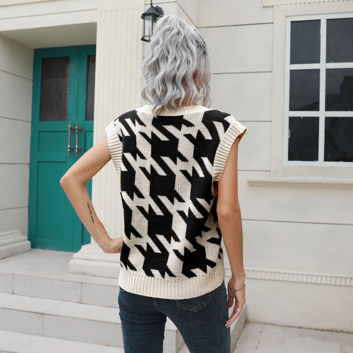 Houndstooth V-neck Vest Sweater Women Vest Outer Wear Inner Wear Autumn Winter Knitwear Sweater Boucle