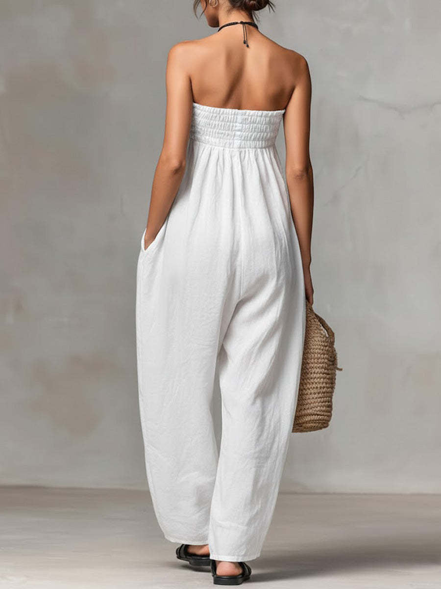 Women Spring Clothing Lace up Tube Top Smocking Jumpsuit Strapless