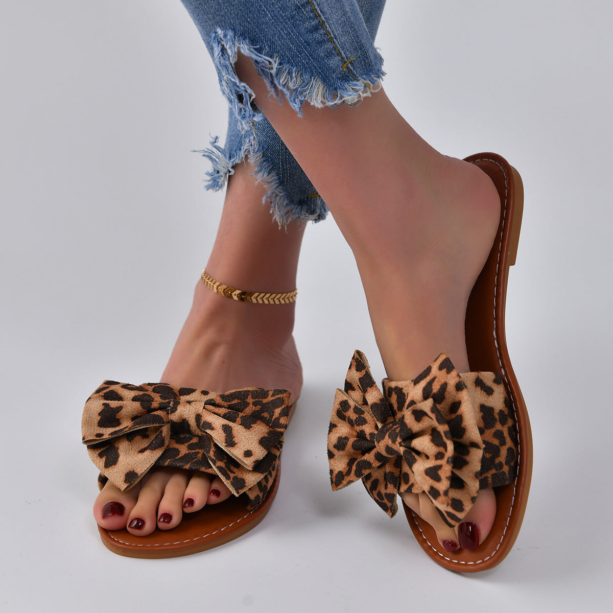 Leopard Bow Slippers Women Lightweight Flat Vacation Beach Sandals