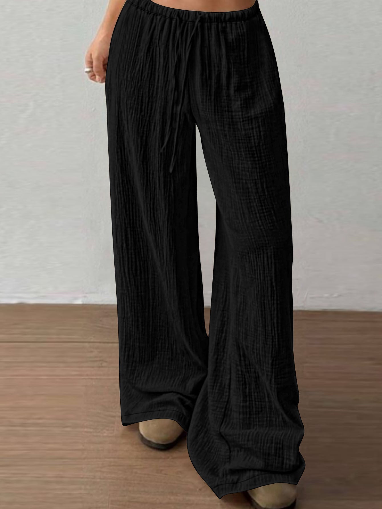 Autumn Solid Color Wide Leg Pants Fashionable Simple Elastic Waist Drawstring Casual Pants Women Clothing