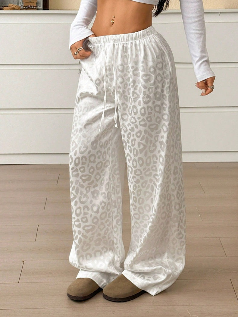 Women Clothing Autumn Satin Casual Pants Drawstring Leopard Print Mop Wide Leg Pants Long Pants