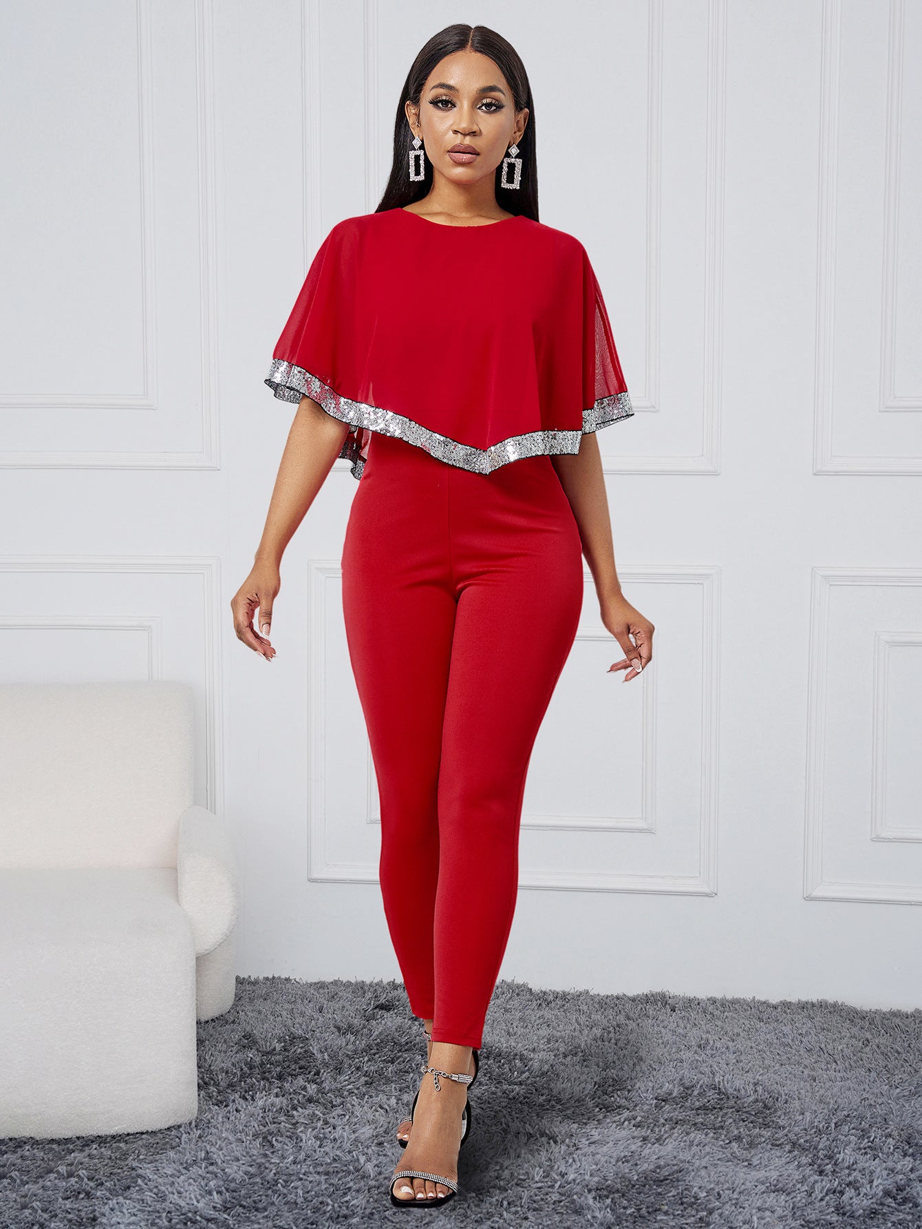 Women Clothing Arrival Fashionable Sequ Stitching Tight Jumpsuit Women Red Dress Women Slim Fit