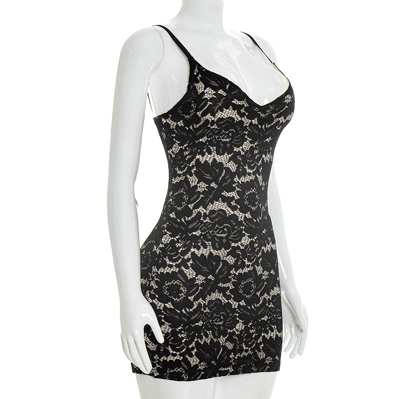 Women Clothing Summer Solid Color Sexy Lace Sling Sleeveless Tight Short Dress