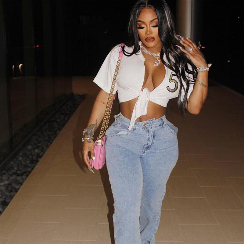 Spring Women Clothing Fashion Letter Graphic Embroidery Sexy Crop Top Tight Fitting Street Shooting Lace up Cardigan Top