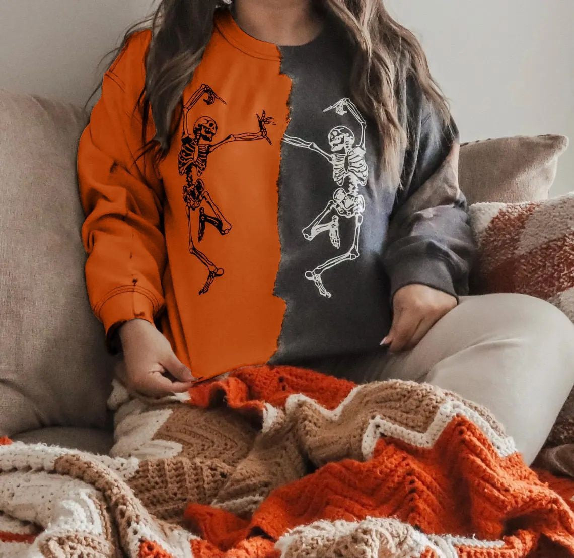 Fall Women Tops Skull Printing Color Contrast Personality Street Loose Sweater Women