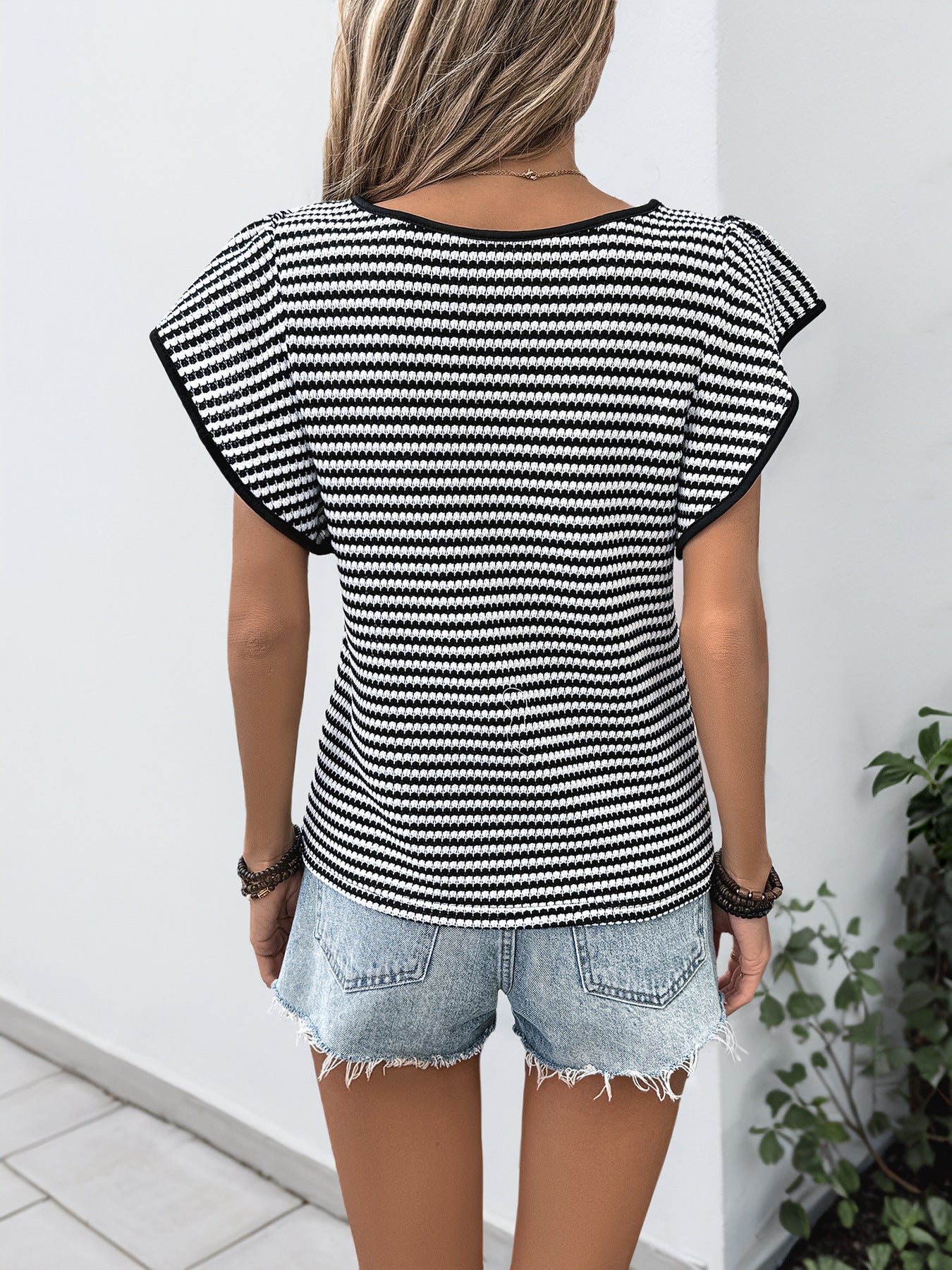 Women Summer Ruffle Sleeve T shirt Black White Striped round Neck Casual Short Sleeve Top