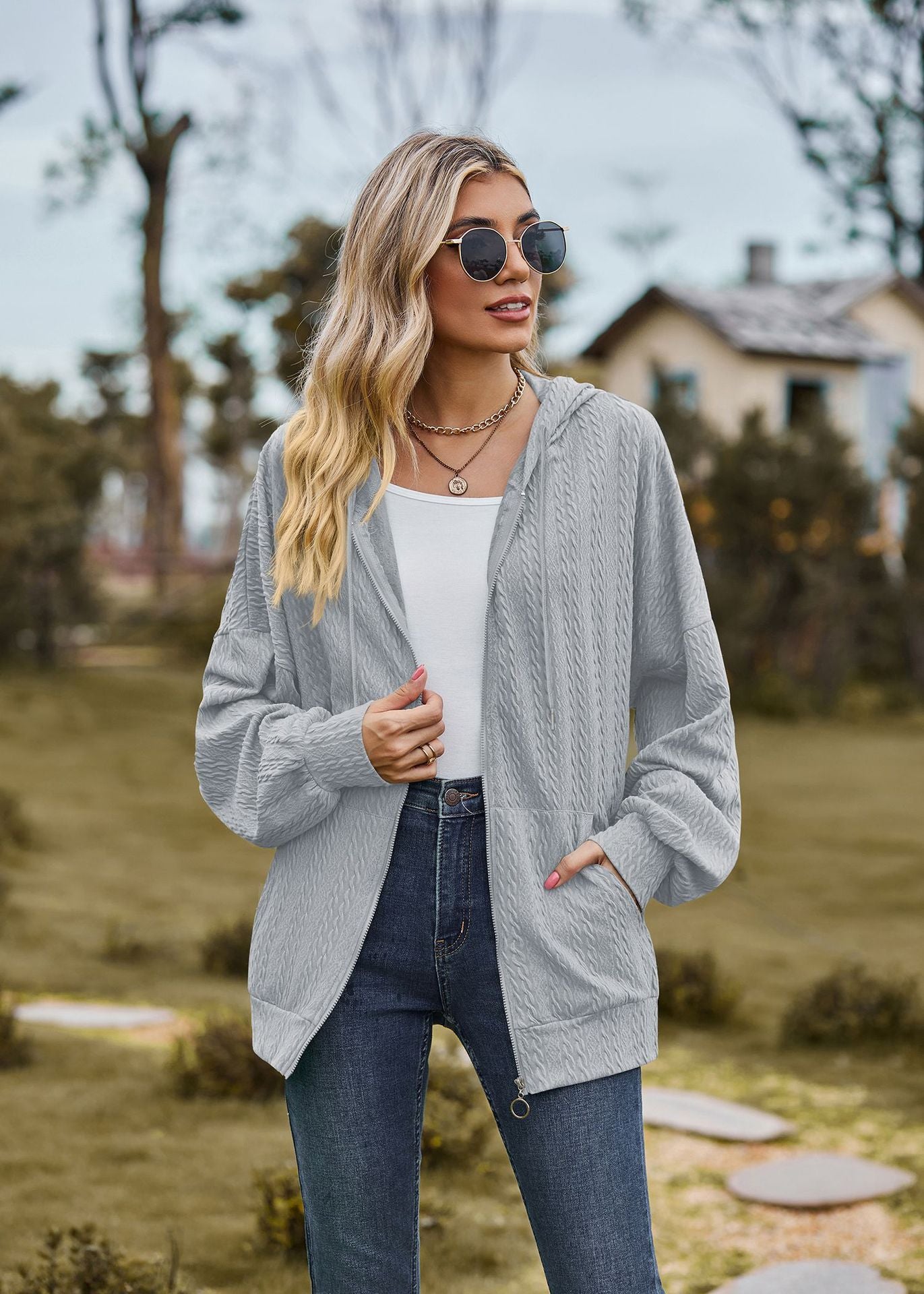 Autumn Winter Solid Color Pocket Long Sleeve Loose Hooded Sweatshirt Women Coat