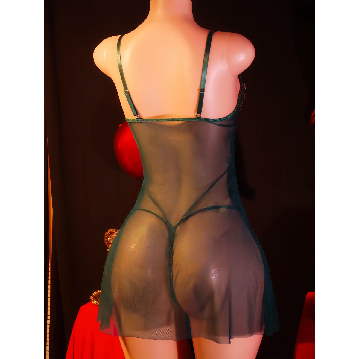Wine Red Mesh Camisole Nightdress Golden Lace Embroidery Sexy Pajamas Sexy Underwear Two Piece