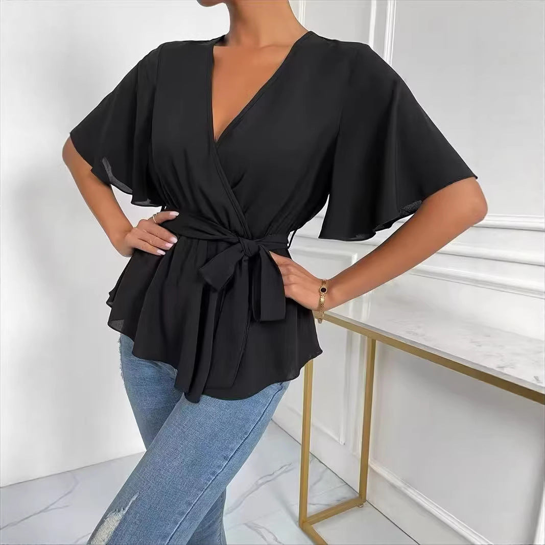 Solid Color Elastic Waist Belt Women Summer Elegance Bell Sleeve Shirt Top Stand Alone