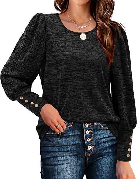 Women Autumn Winter Loose Casual Puff Sleeve Round Neck Long Sleeve T shirt