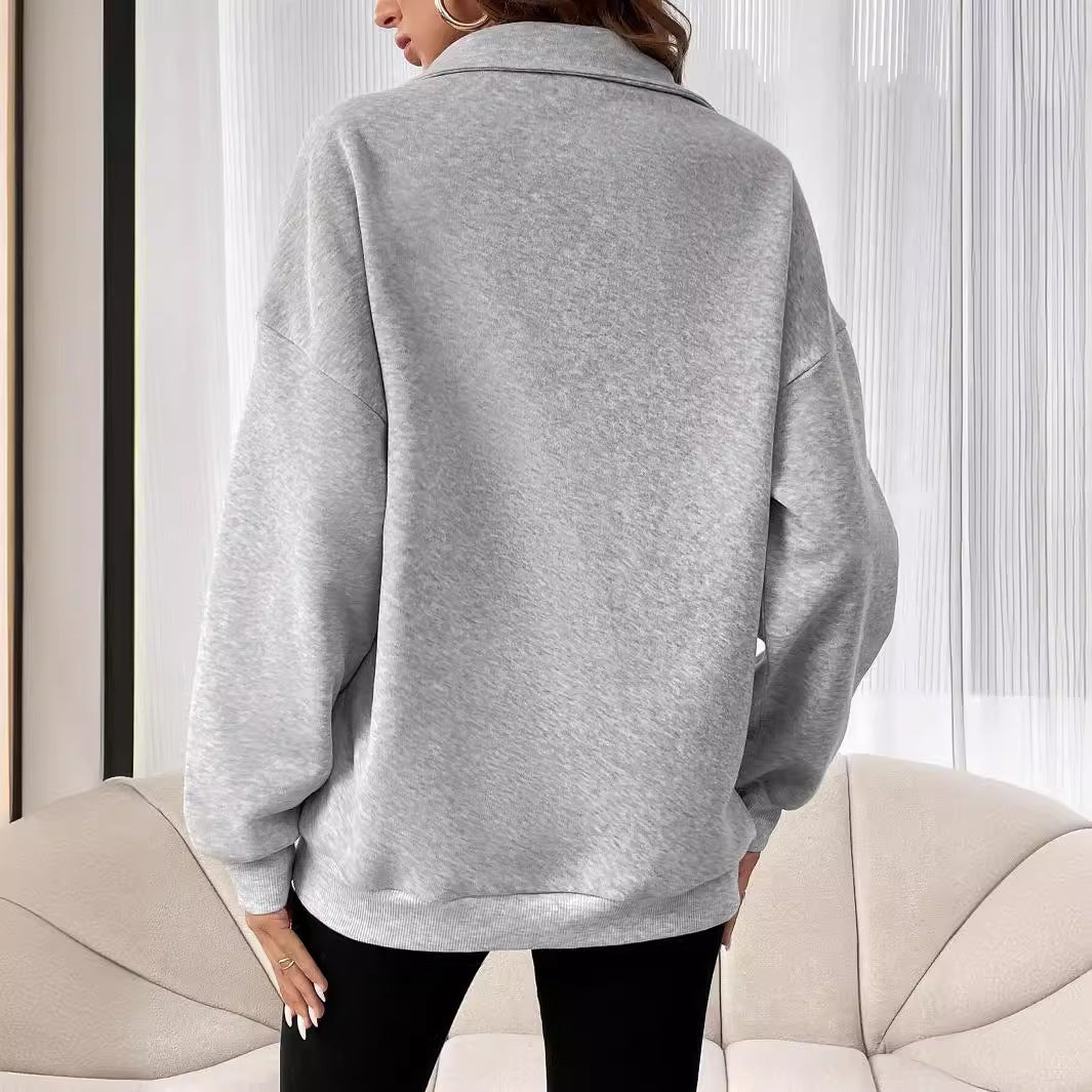 Autumn Winter Zipper Collared Solid Color Casual T Women Top Sweatshirt