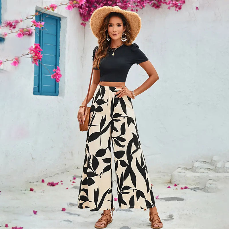Leaf Printed Casual Pants Wide Leg Pants Short Sleeve Spring Summer Two Piece Set Tight Cropped T shirt Blouse Pants