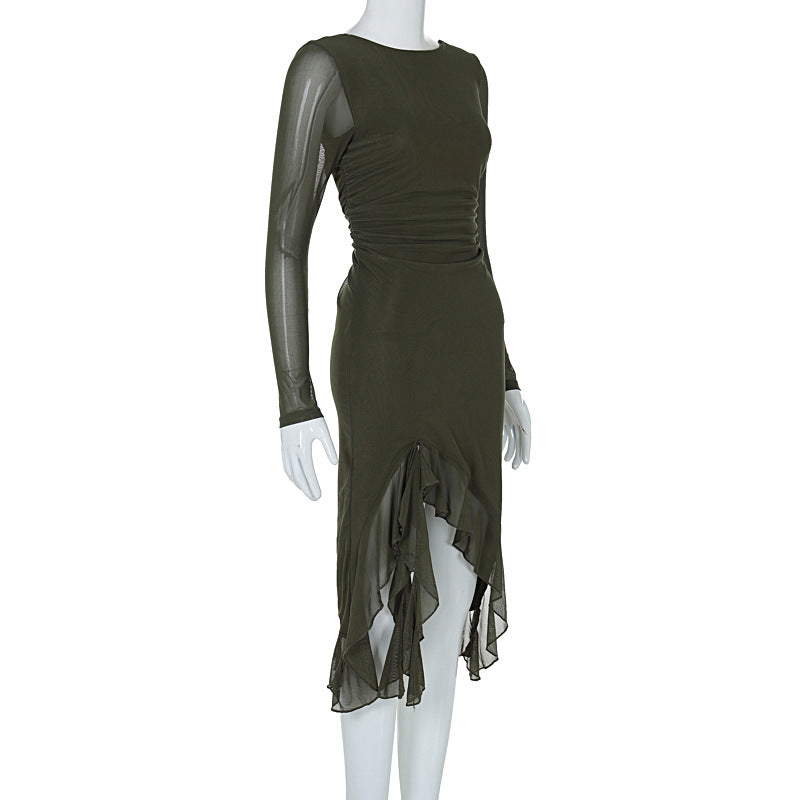 Women Clothing Summer Mesh Long Sleeve Backless Slit Ruffled Dress