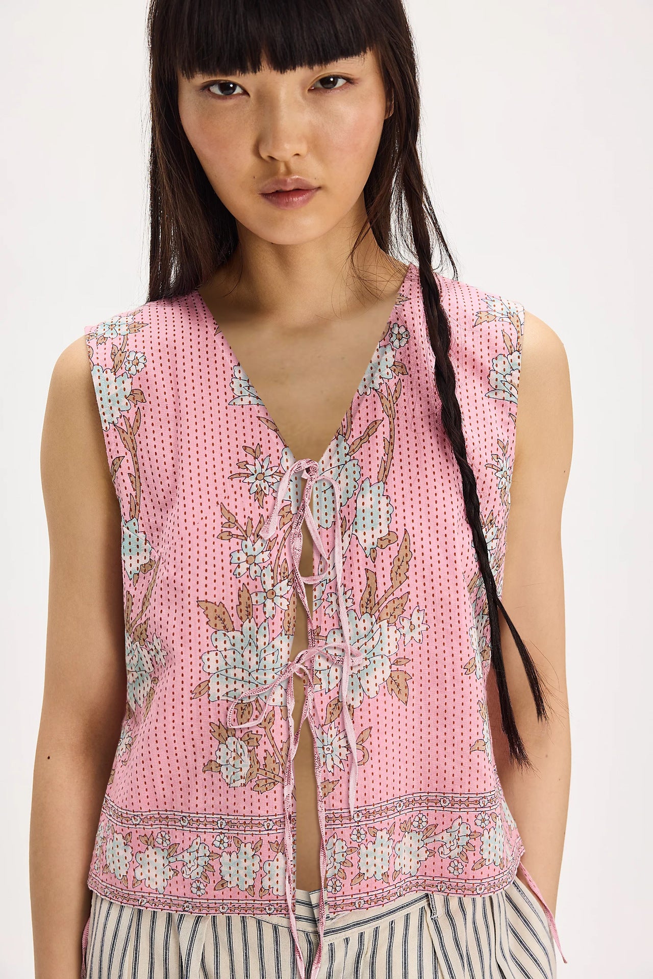 Women Tops Vintage Print Lace up Loose Ladies Vest