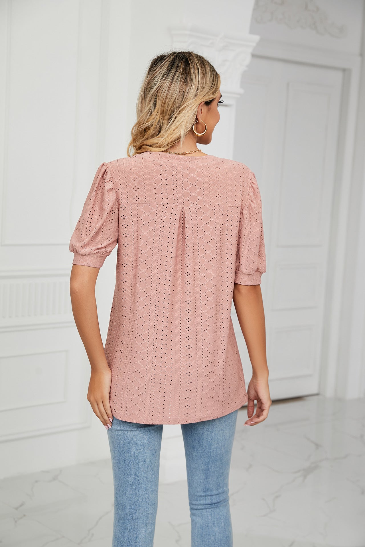 Summer Casual V Neck Solid Color Hollow Out Cutout Puff Sleeve Loose Fitting T Shirt Top Women