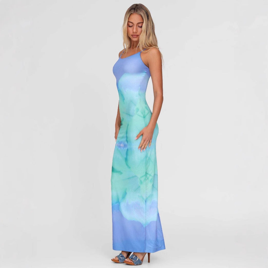 Summer Sexy Gradient Printing Sling Slim Slimming Sheath Dress Women Clothing