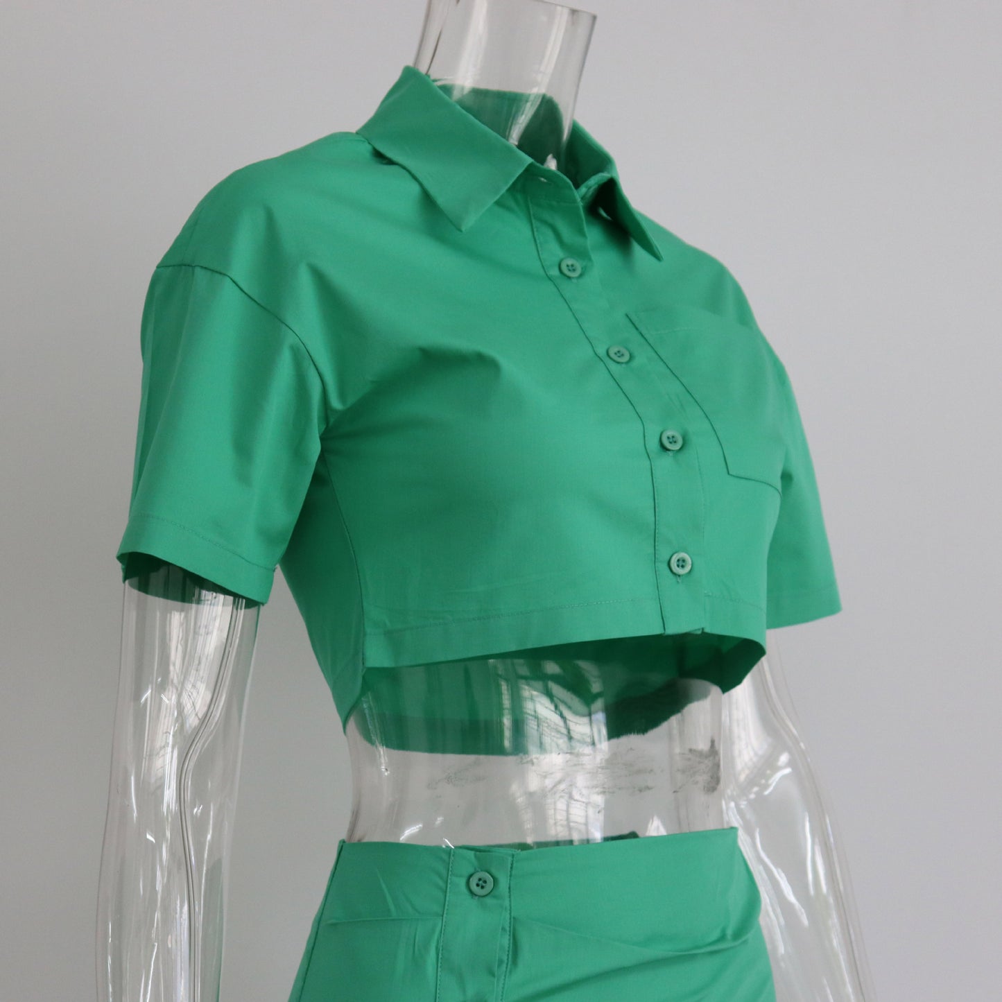 Spring Summer Two Piece Set Sexy Collared High Waist Short Sleeve Shirt Outfit