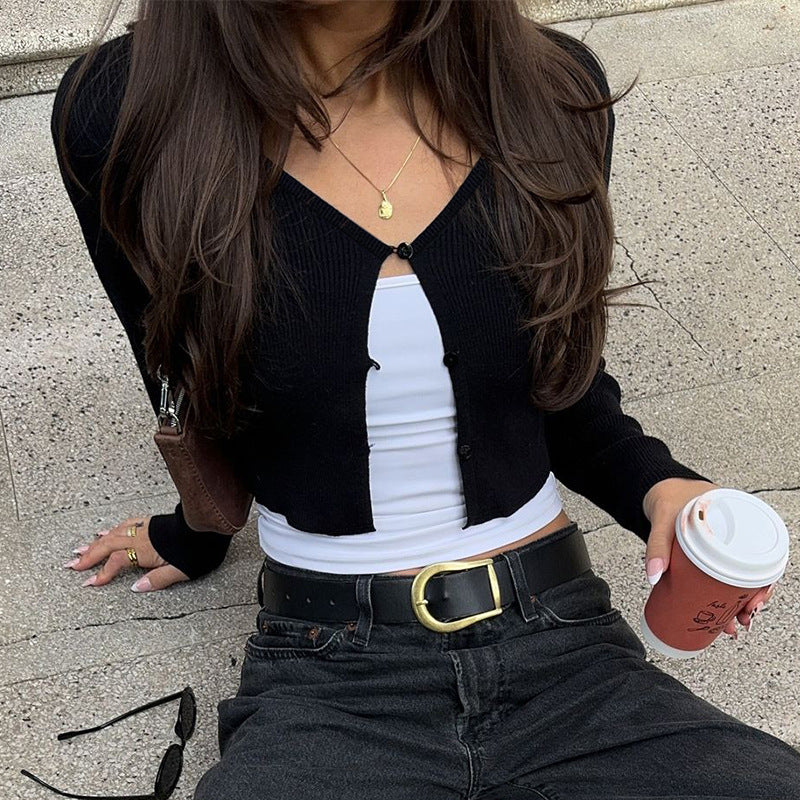 Women Clothing Summer Sexy Cardigan Button Cropped Long Sleeve T shirt Top