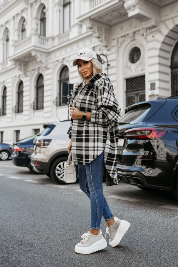 Women Clothing Autumn Hooded Plaid Coat Loose Casual
