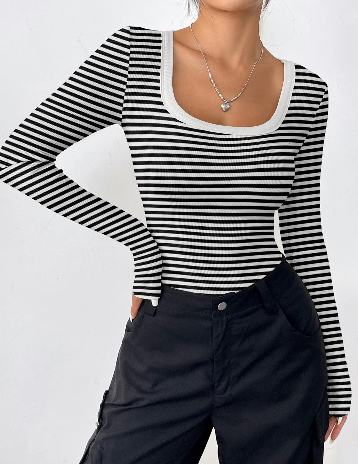Women Wear Top Striped Slim U Neck Sexy Long Sleeve