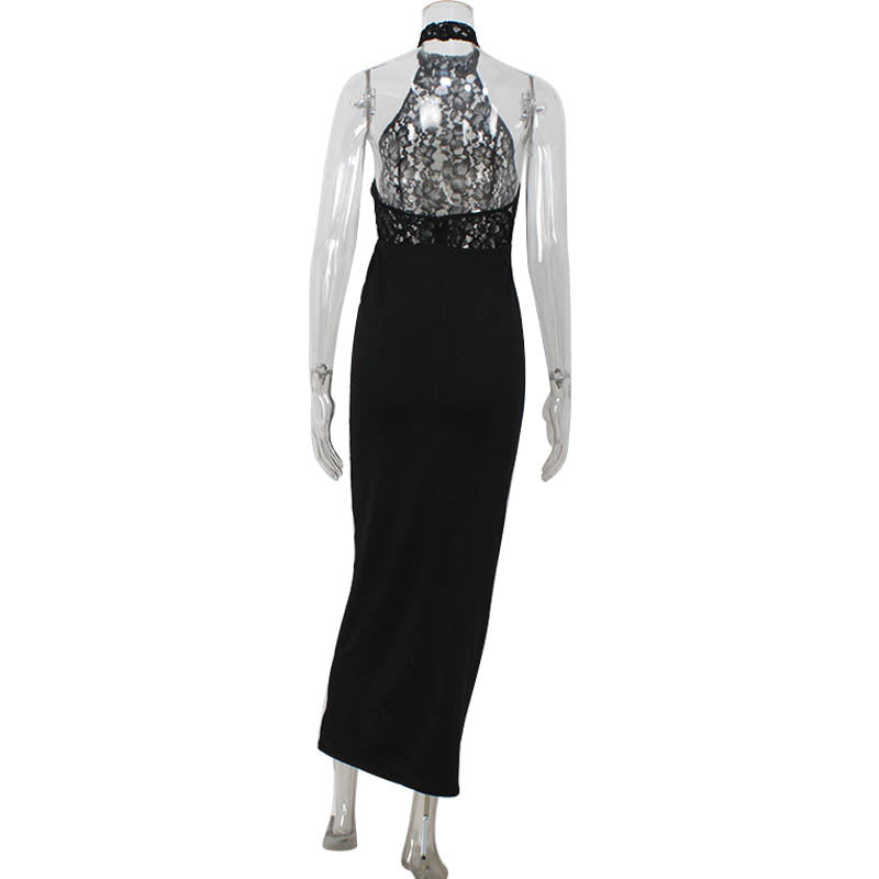 Arrival High Class Elegant Red Carpet Women Clothing Cutout Lace Stitching Sleeveless Halter Slim Fit Sexy Dress Women