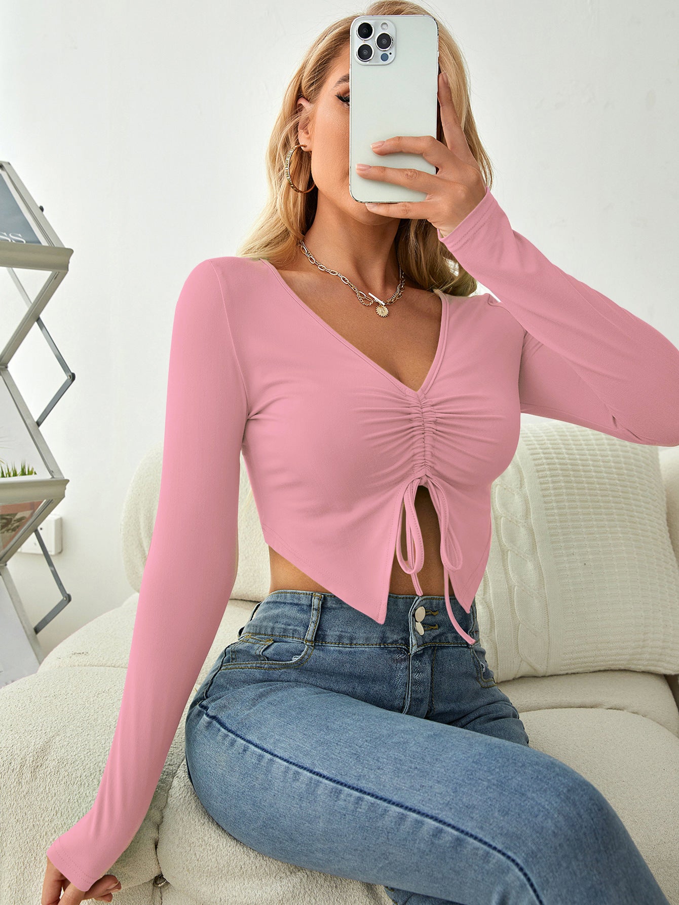 Women V neck Long Sleeve Drawstring Slim Fit Cropped Top Breathable Pleated Solid Color Simple Sweet T shirt Women Casual Spring Autumn Top