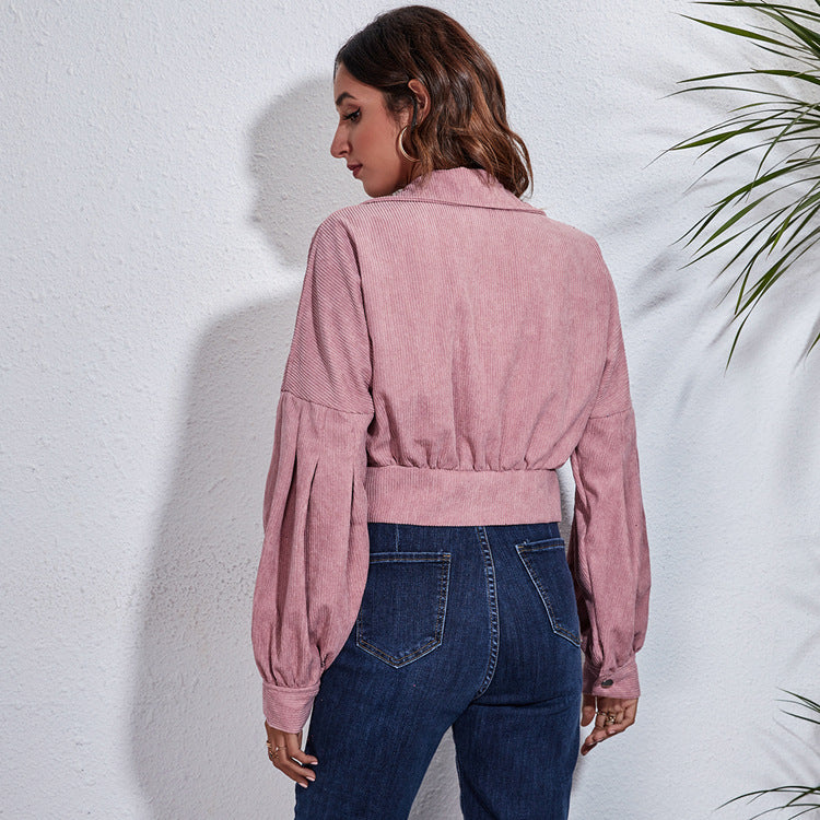 Popular Real Shot Lantern Sleeve Corduroy Jacket Short Coat Loose Long Sleeve Autumn Winter