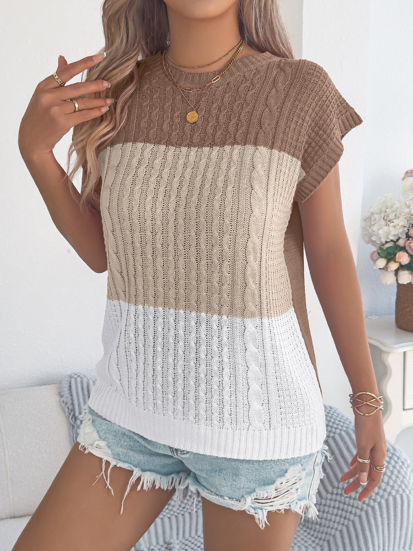 Women Clothing Spring Summer Color Matching Twist Casual Loose Batwing Sleeve Knitwear Holiday Top