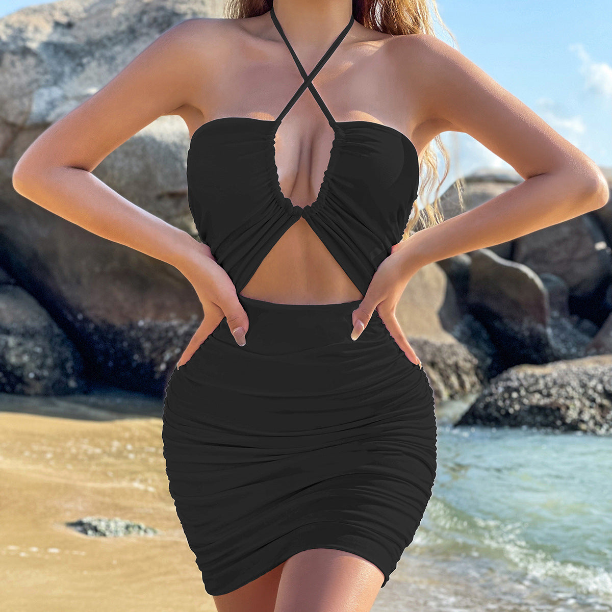 Women Clothing Dress Cross Lace up Cutout Sheath Slim Fit Sexy Dress