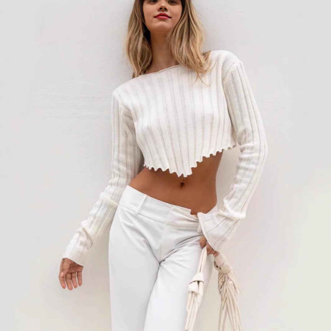 Spring Top Women Clothing Loose Rib Long Sleeves Cropped Short Sweater Women